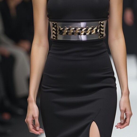 Women’s Wide Black Stretch Waist Belt with Gold Chain Link – Elastic Band XS S - Picture 4 of 8